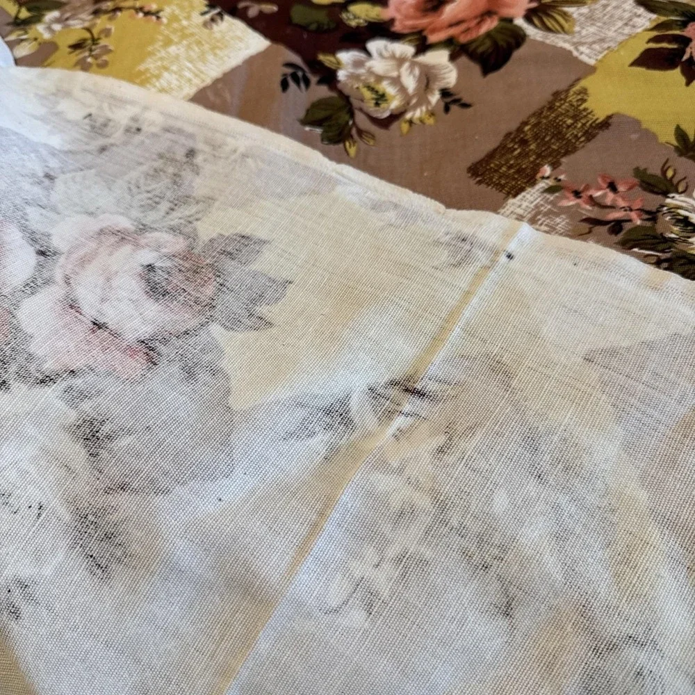 VTG Fabric 2‎ 1/2 Yards Floral & Checks Browns Yellow Rose Cotton Decor Canvas